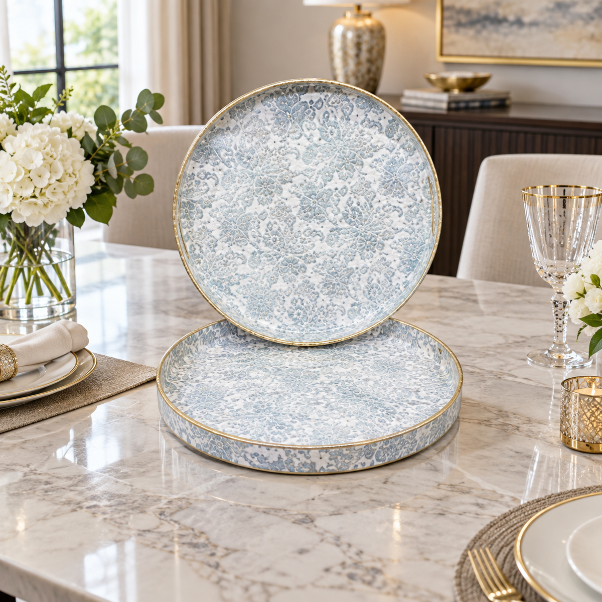 Luxury Blue & White Round Serving Tray Set – 2 Pieces