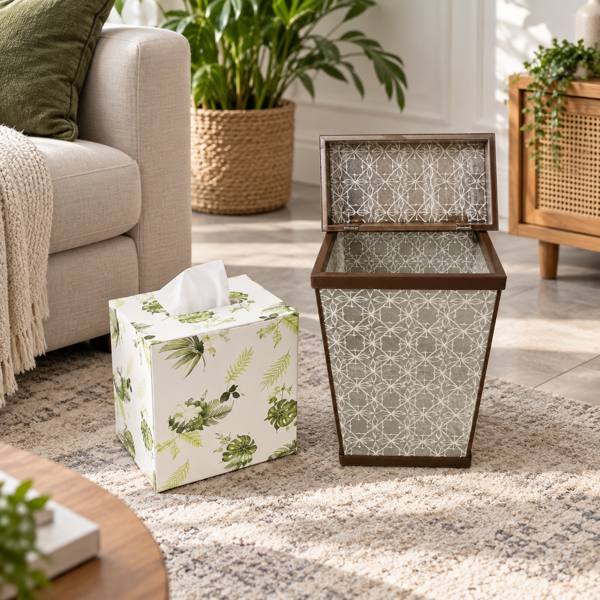 Botanical Tissue Box & Decorative Dustbin Set – 2 Pieces