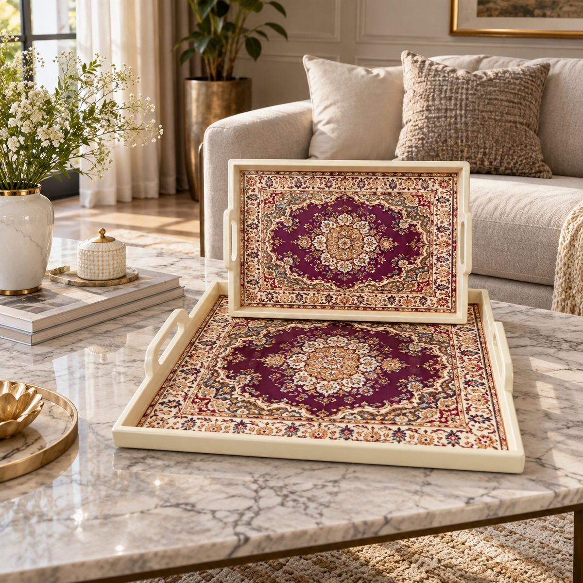 2-Piece Burgundy Medallion Decorative Serving Tray Set