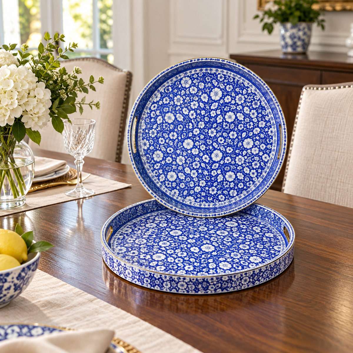 Cobalt Blue Floral Round Serving Tray Set – 2 Pieces