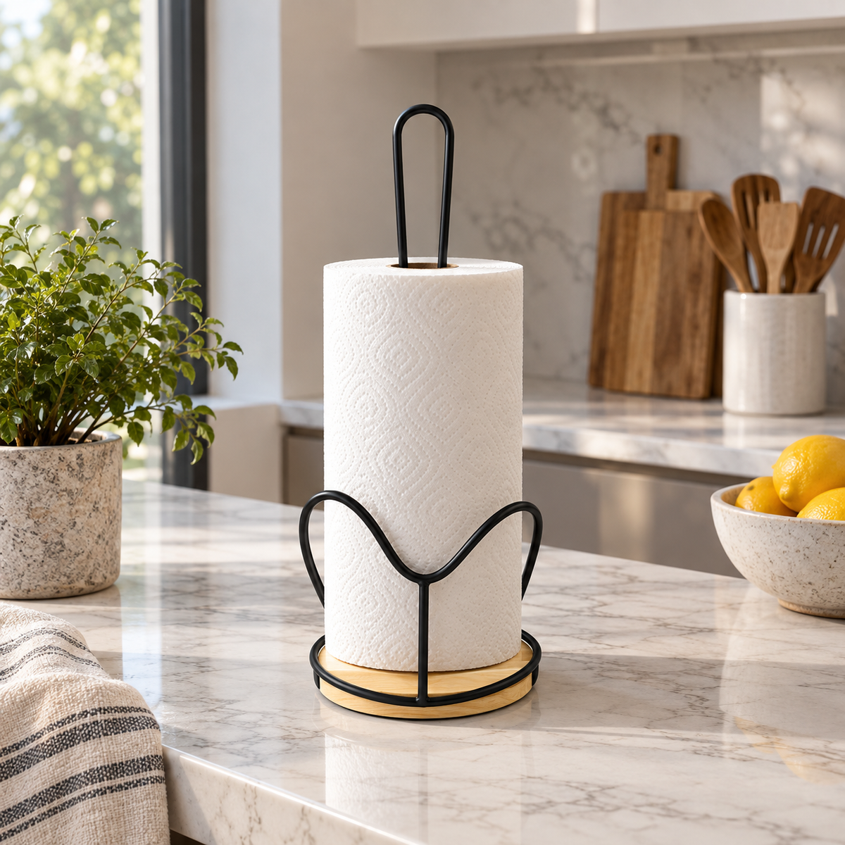 Modern Countertop Tissue Roll Holder with Wooden Base