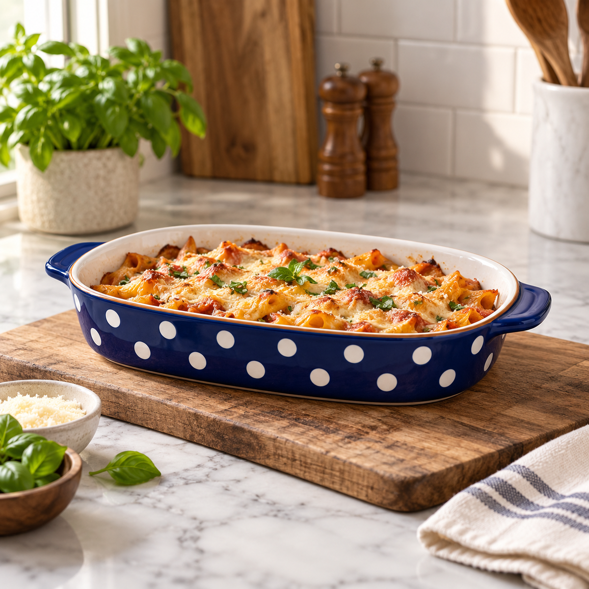 Danny Home 11.75-Inch Blue Polka Dot Porcelain Bakeware Dish