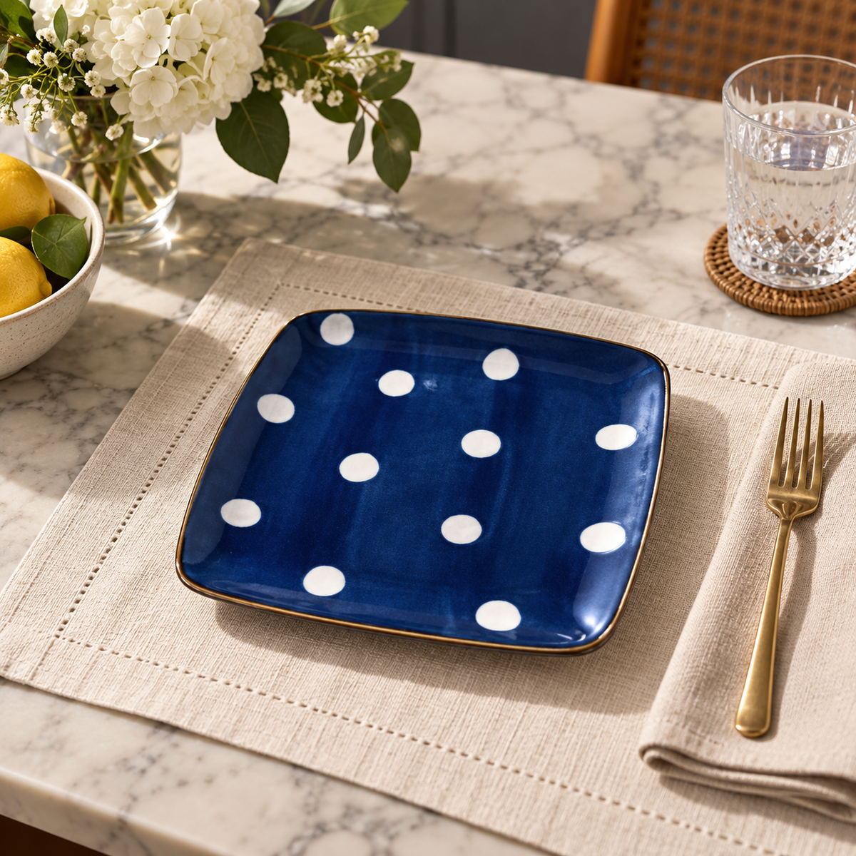 Danny Home 8-Inch Blue Polka Dot Porcelain Dinner Plate