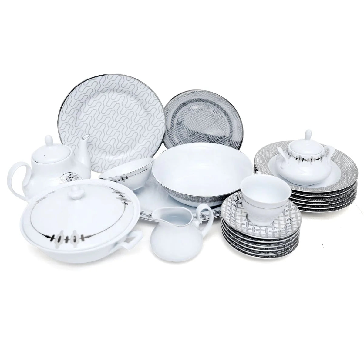 45Pcs Dinner Set (Silver Chevron) - Elegant Ceramic Tableware Collection for Modern Dining