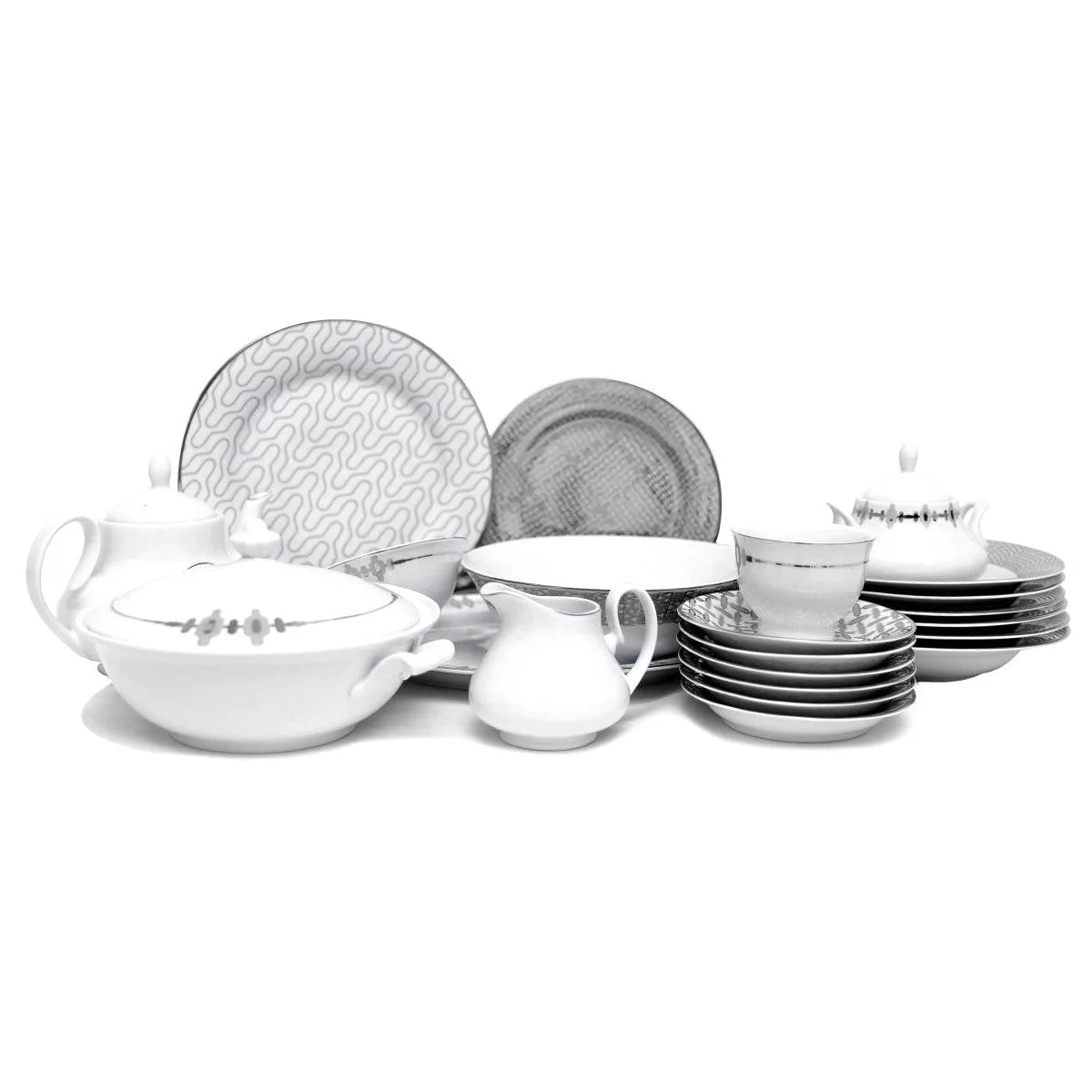 45Pcs Dinner Set (Silver Chevron) - Elegant Ceramic Tableware Collection for Modern Dining