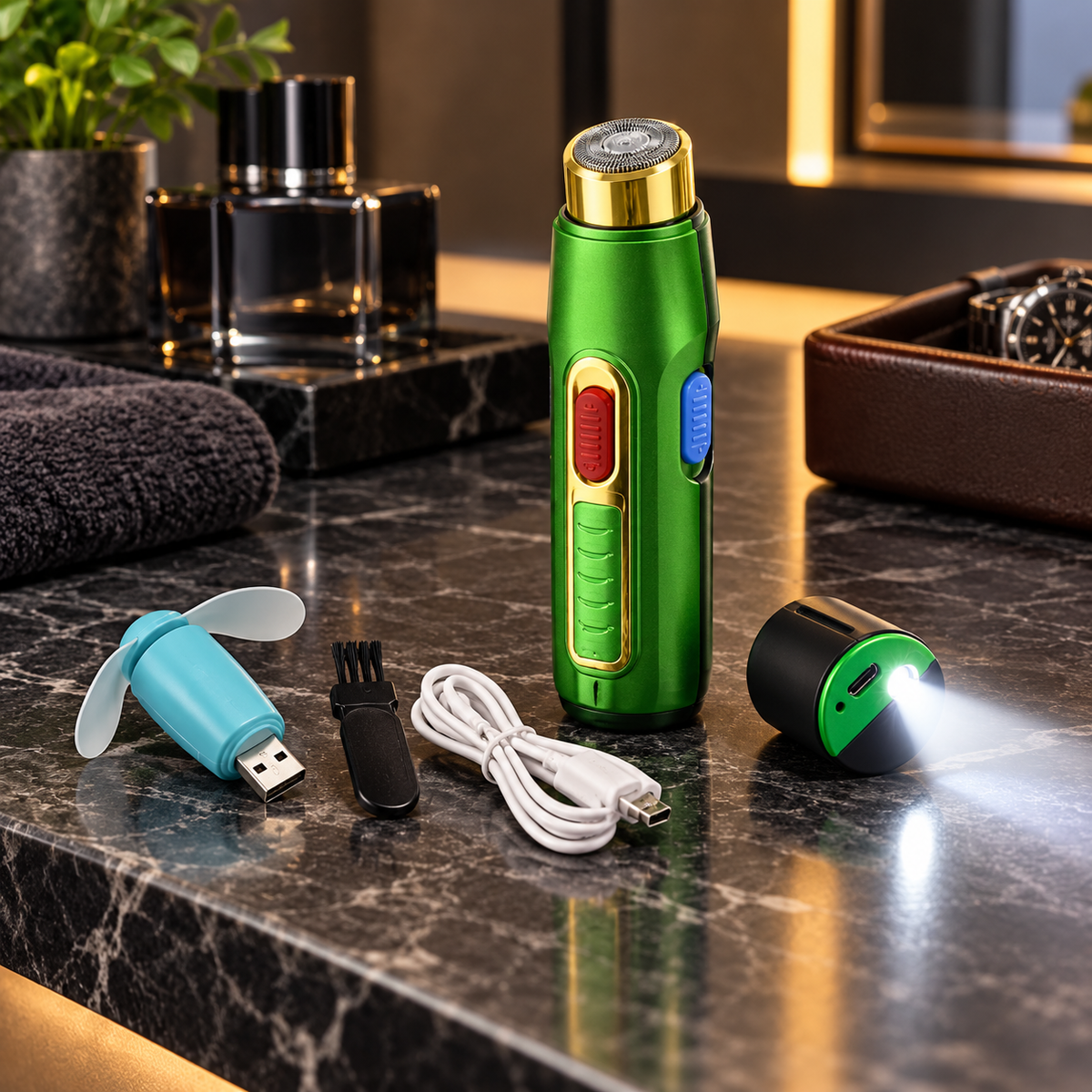 5-in-1 Rechargeable Shaver, Lighter, Fan & Torch