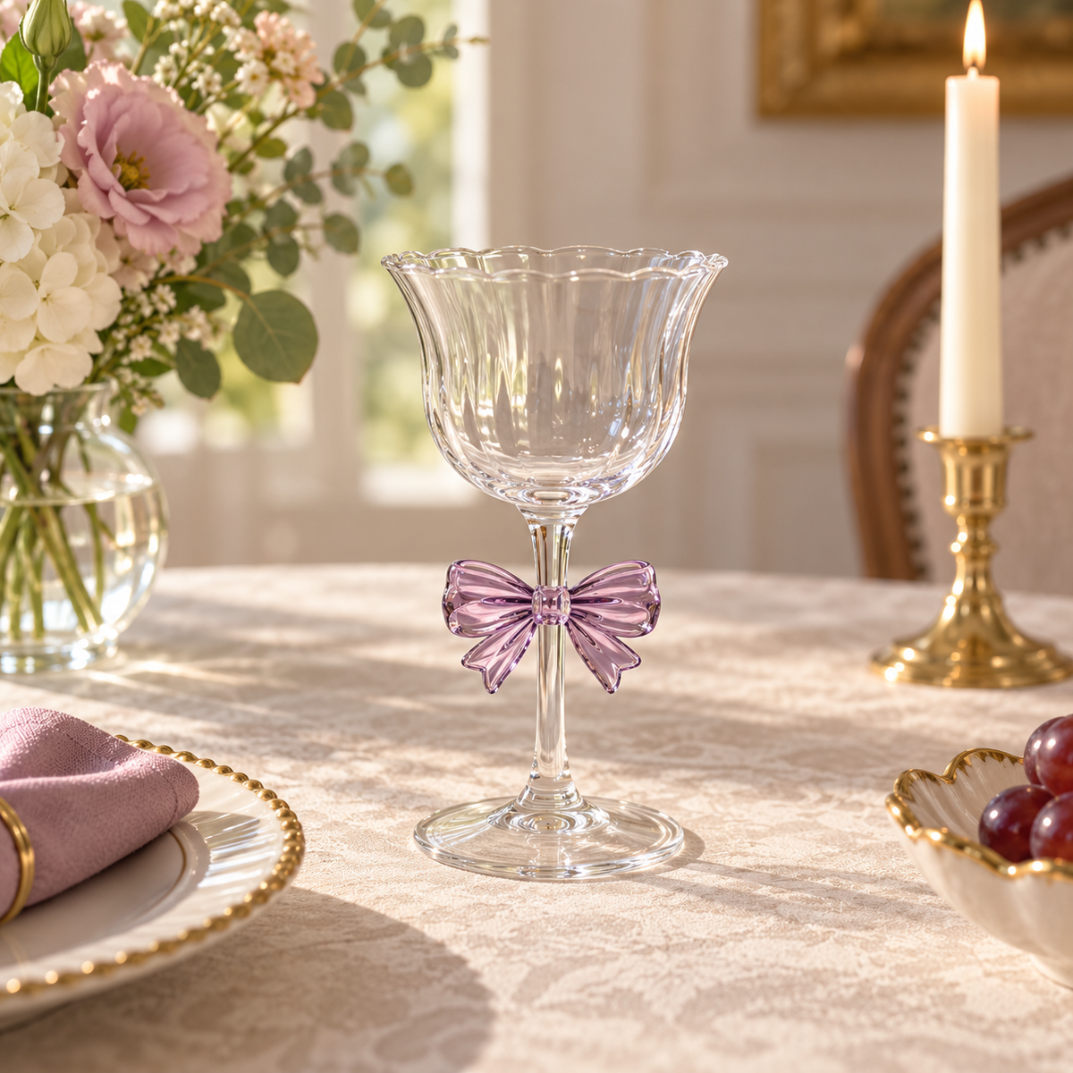 Flared-Rim Clear Stemmed Drinking Glass with Purple Bow