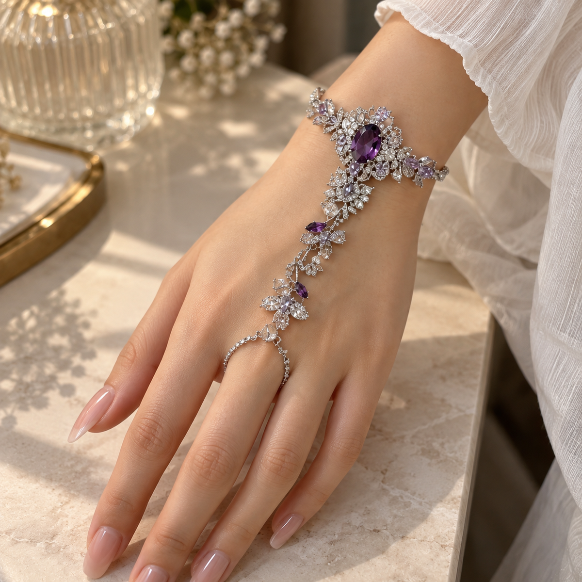 Floral Statement Hand Chain Bracelet with Ring – Hathphool