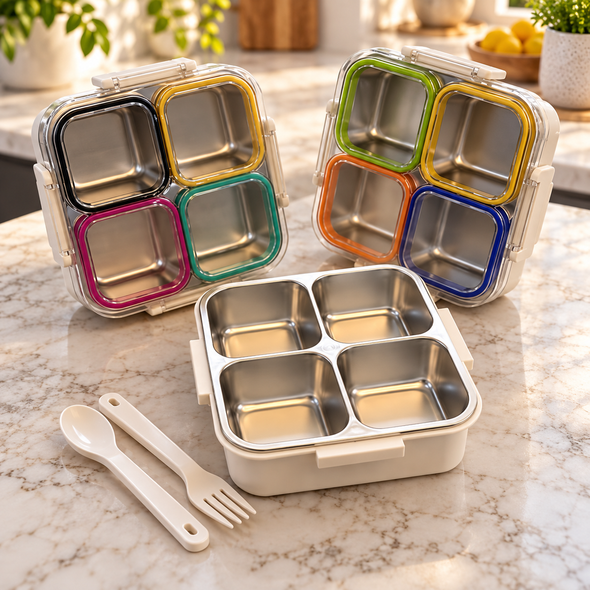 4-Compartment Stainless Steel Bento Lunch Box with Cutlery