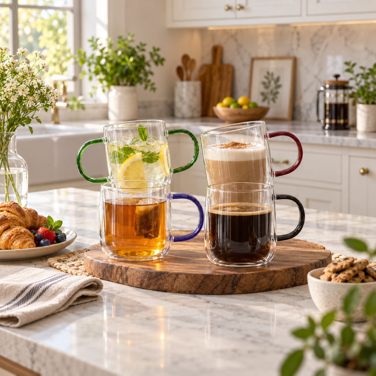 4-Piece High Borosilicate Glass Mug Set with Coloured Handles – 550ml