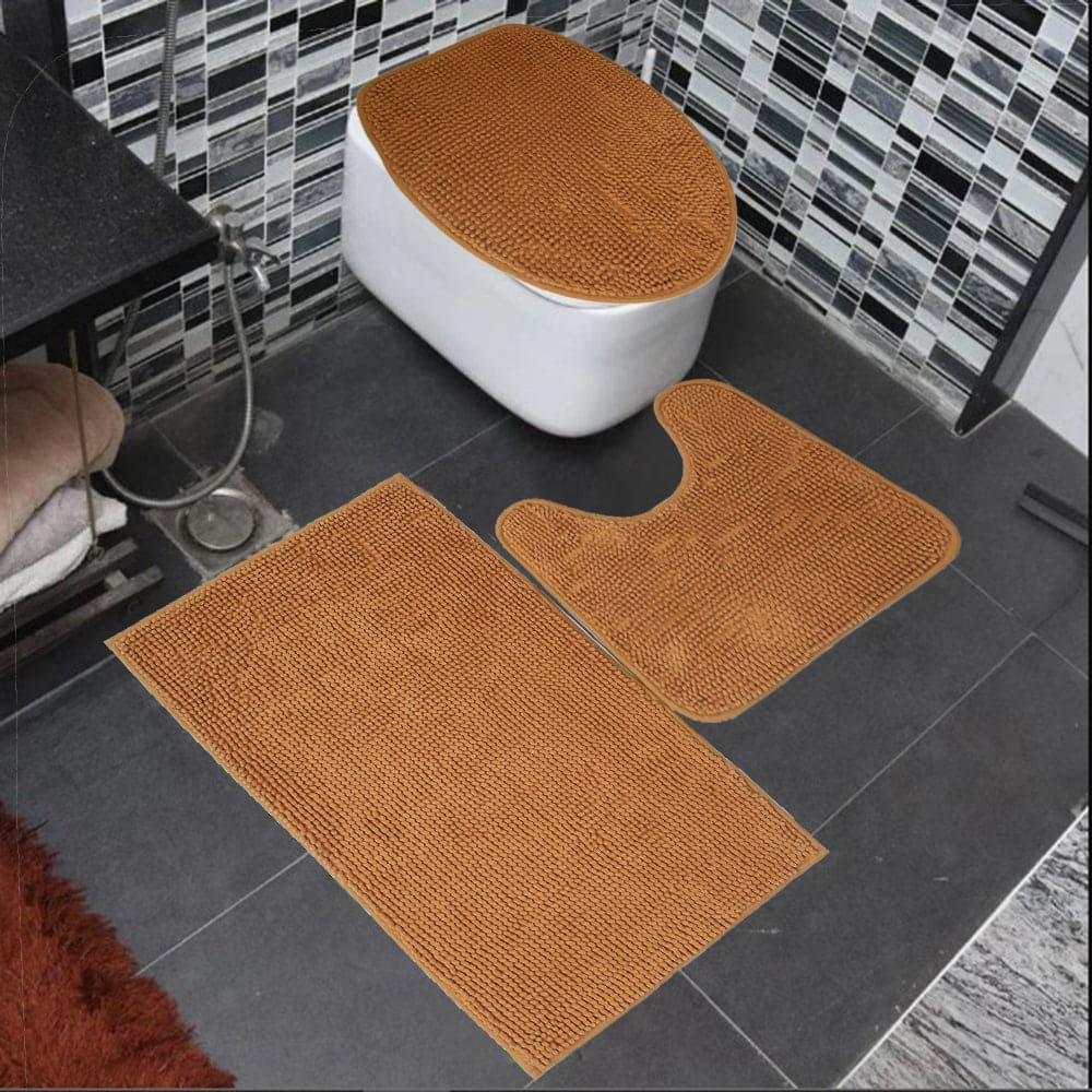 Anti-Slip Floor Chenille Bath Set 3pc - Soft Absorbent Bathroom Mat & Lid Cover