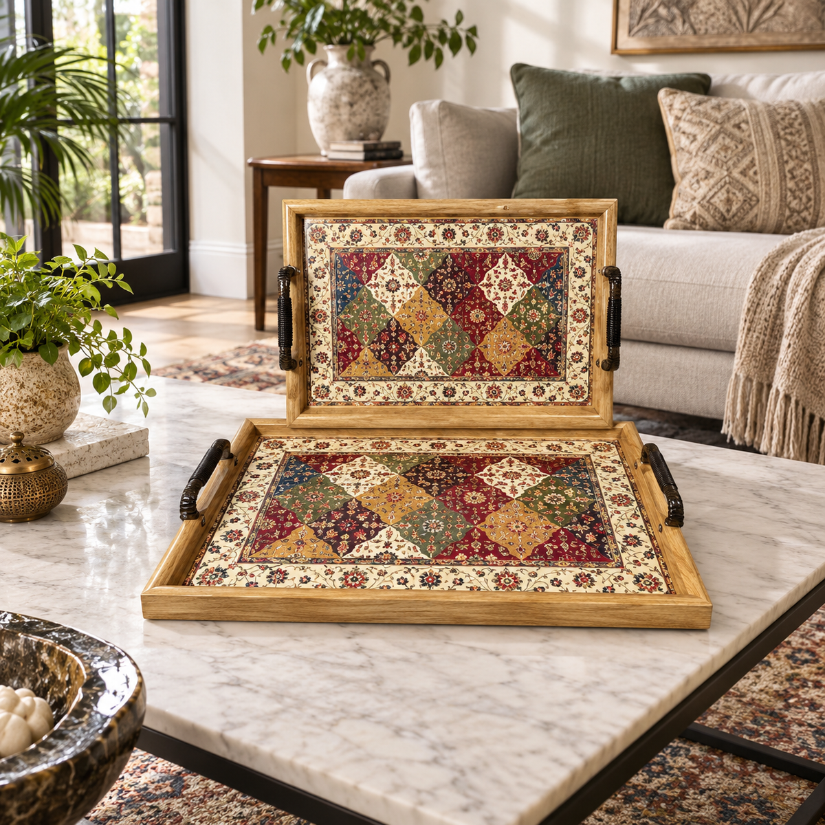 2-Piece Geometric Pattern Decorative Serving Tray Set