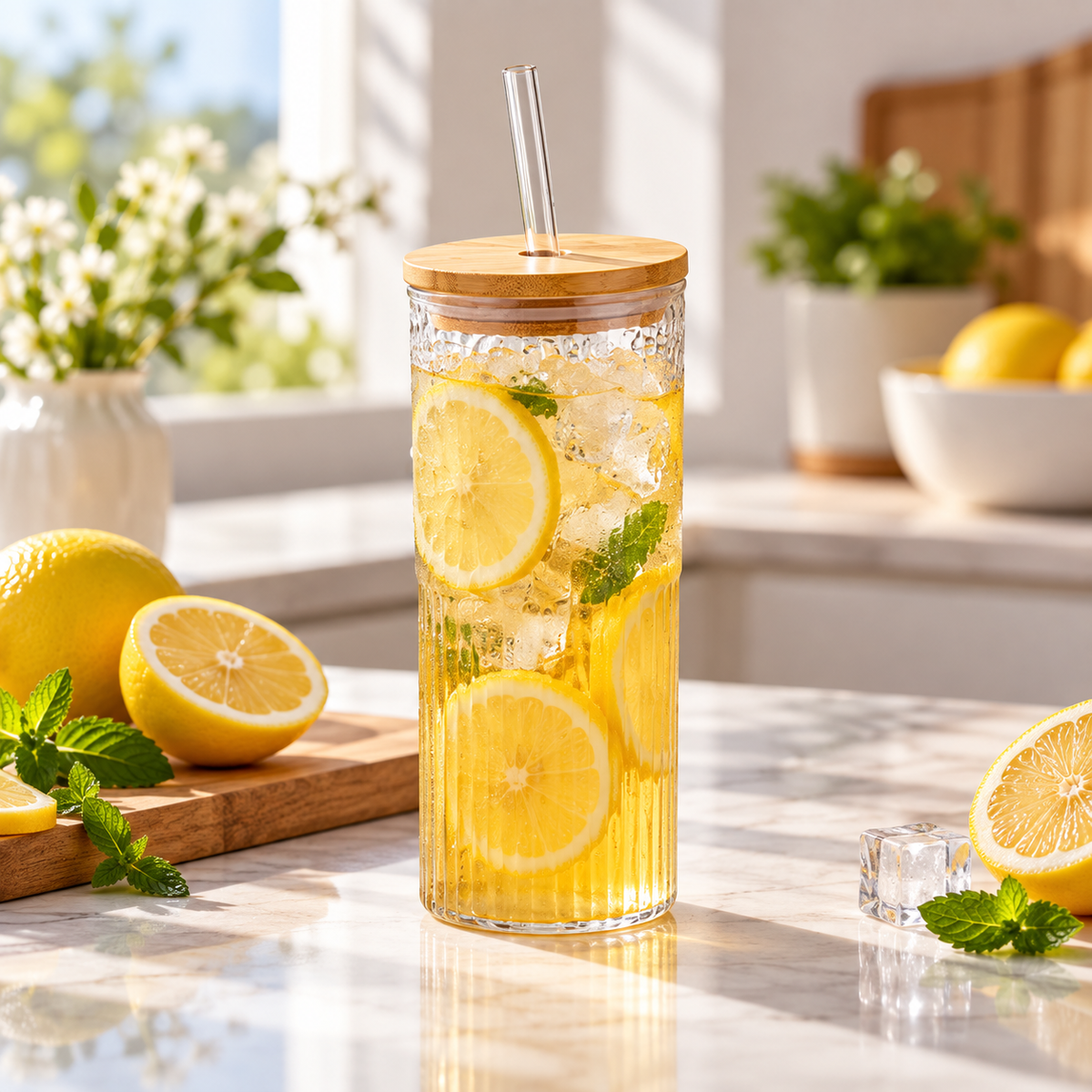 500ml Glass Tumbler with Bamboo Lid & Straw