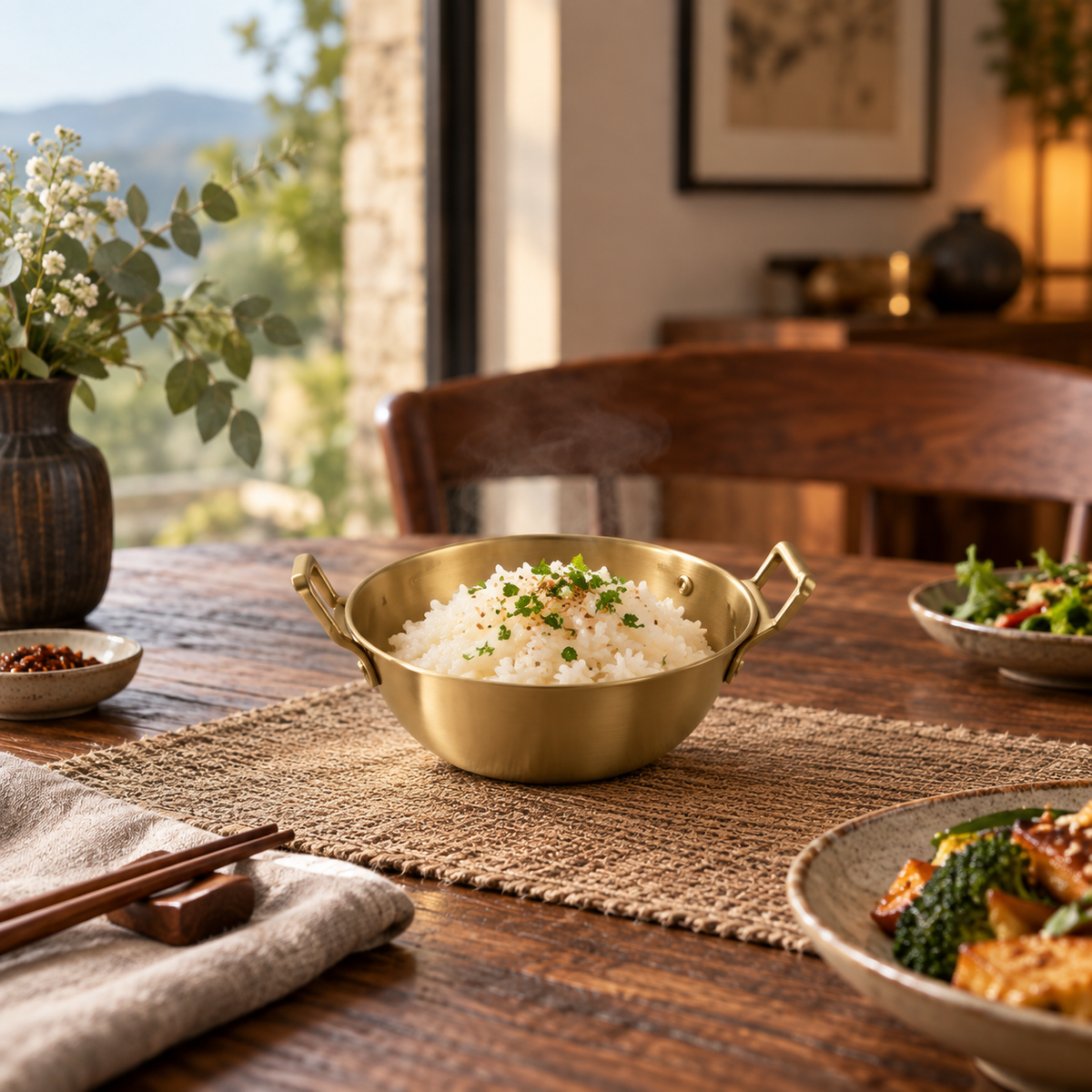 Gold-Finish Eared Rice Serving Bowl with Handles – 13cm