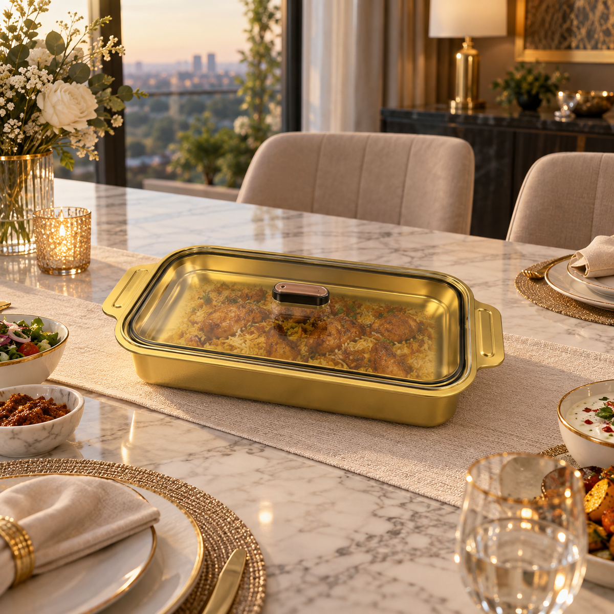 Premium Gold-Finish Serving Dish with Glass Lid – 35cm