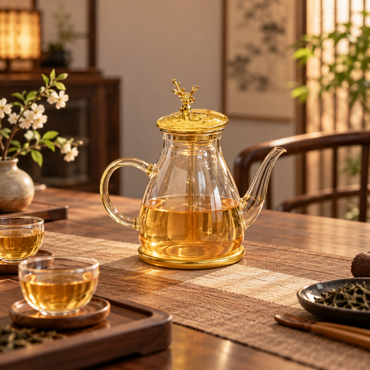 Luxury Clear Glass Teapot with Gold Detail – 600ml