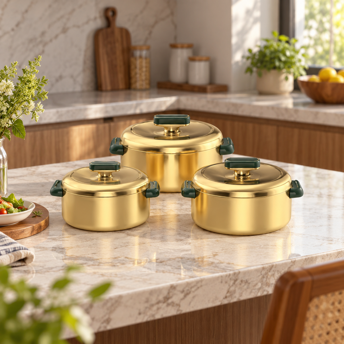 Luxury Gold Insulated Hot Pot Set with Green Handles – 3 Pieces