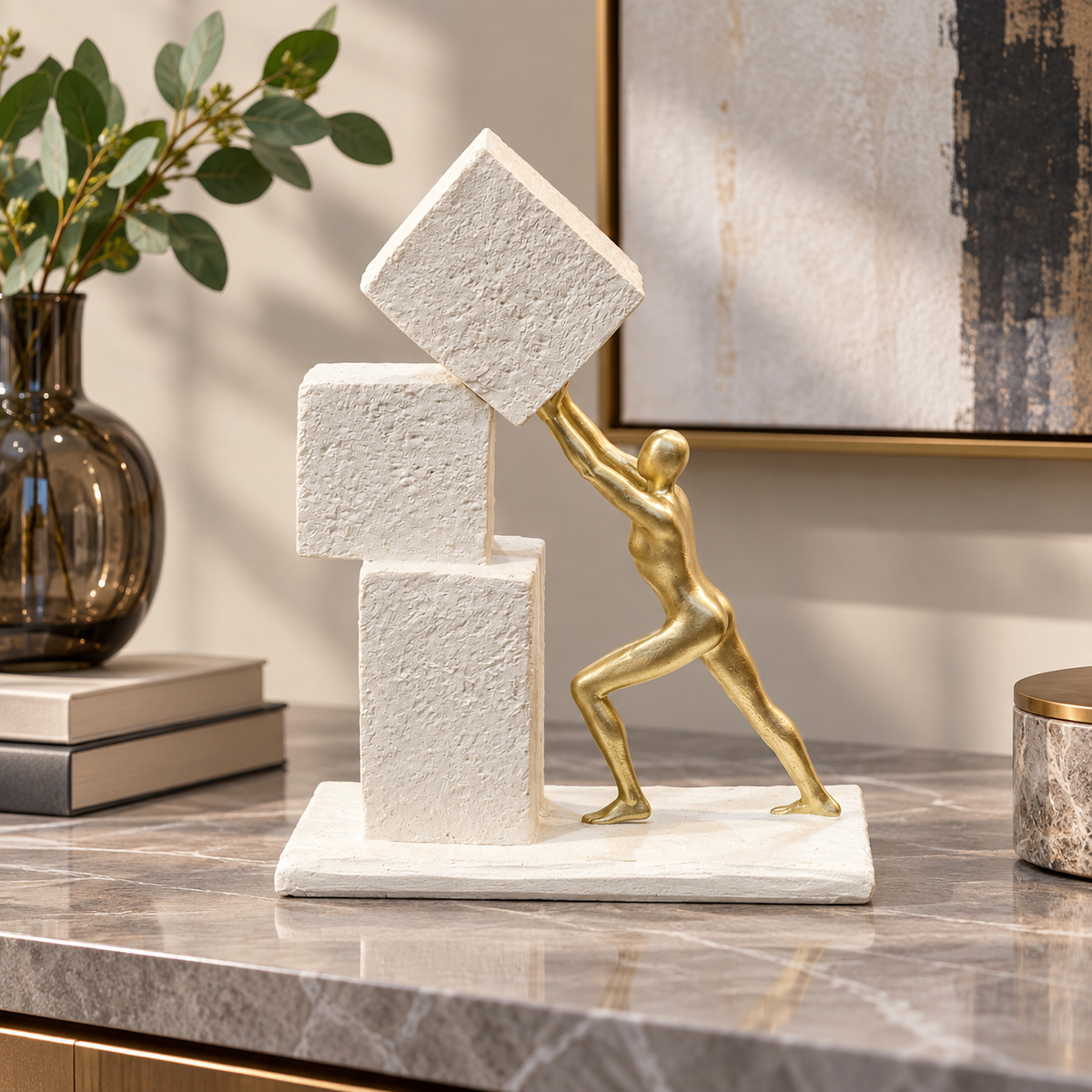 Gold Man Pushing Cubes Sculpture – Motivational Office Table Décor
