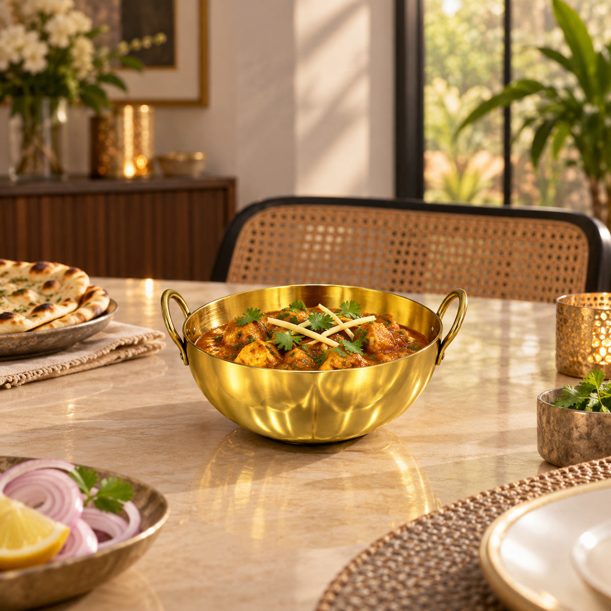 Gold-Finish Steel Karahi Serving Bowl with Double Handles