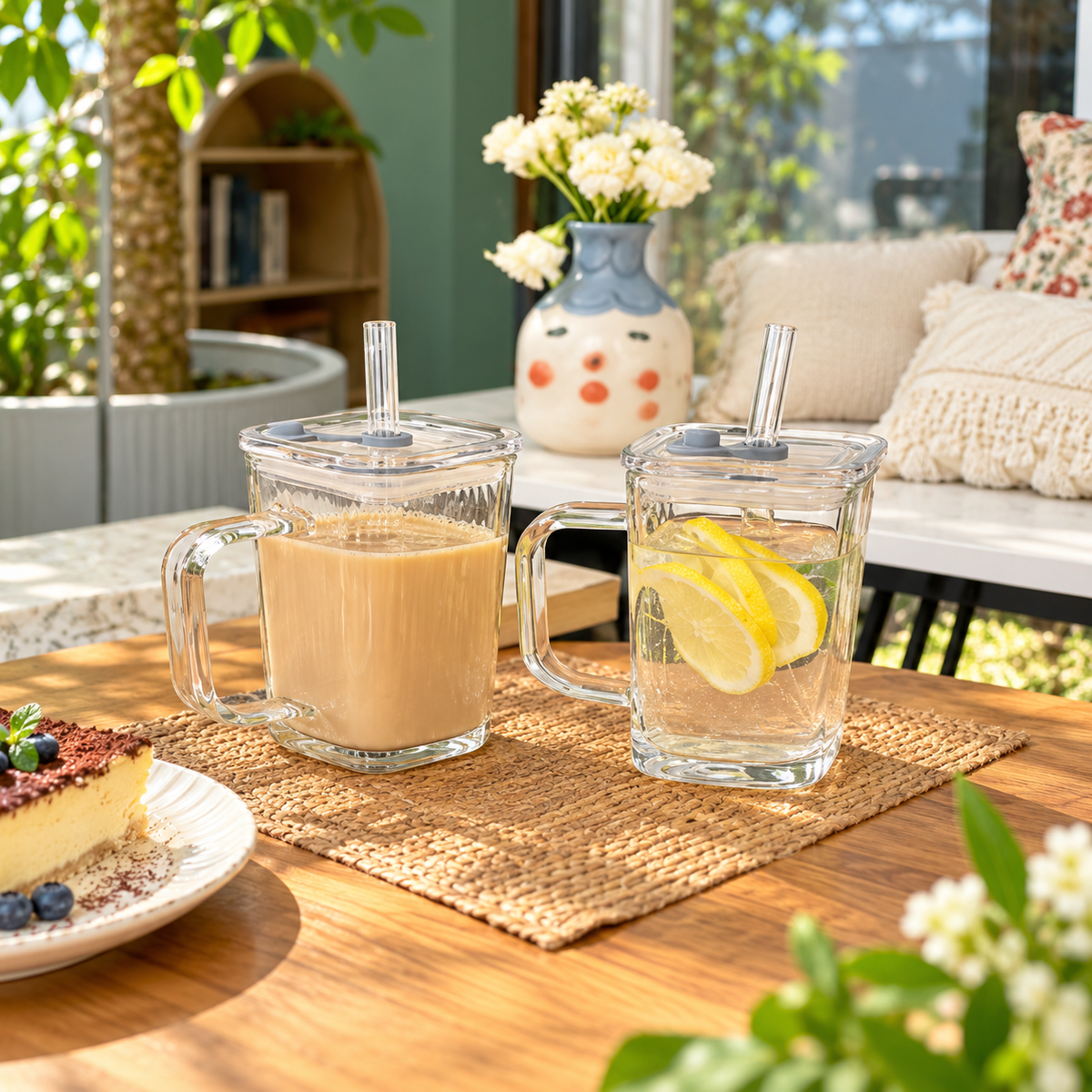 Rectangular Glass Tumbler with Reusable Glass Straw