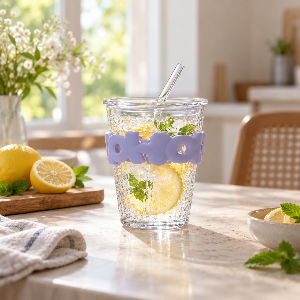 HOHO Textured 530ml Glass Cup with Long Straw