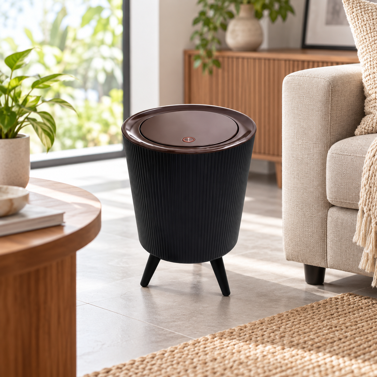 9L Press-Lid Waste Bin – Black Round