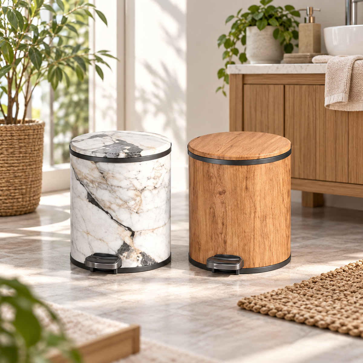 11L Marble and Wood Design Waste Bin