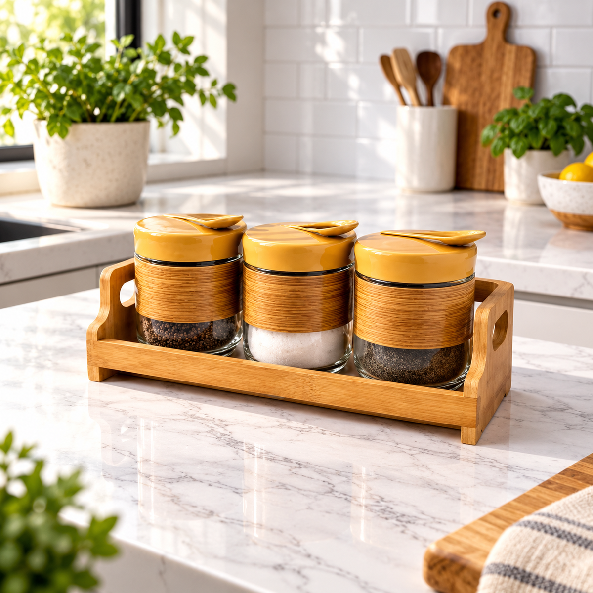 3-Piece Spice Jar Set with Spoons & Wooden Stand