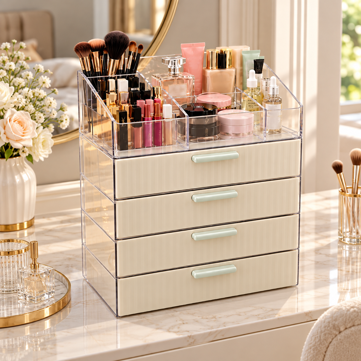 4-Drawer Acrylic Cosmetic Organizer with Top Compartments