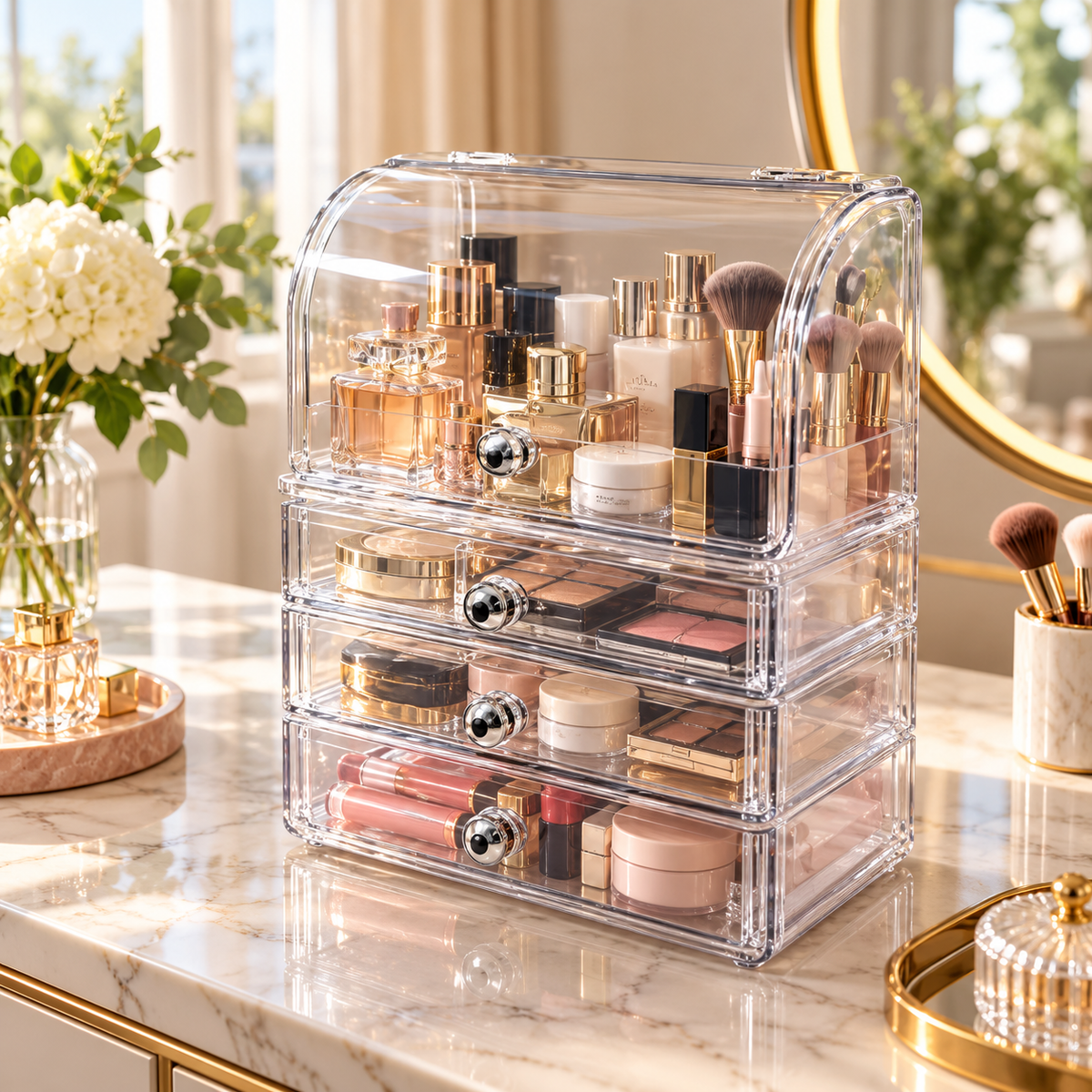Large Clear Acrylic Cosmetic Organizer with Flip Lid & Drawers