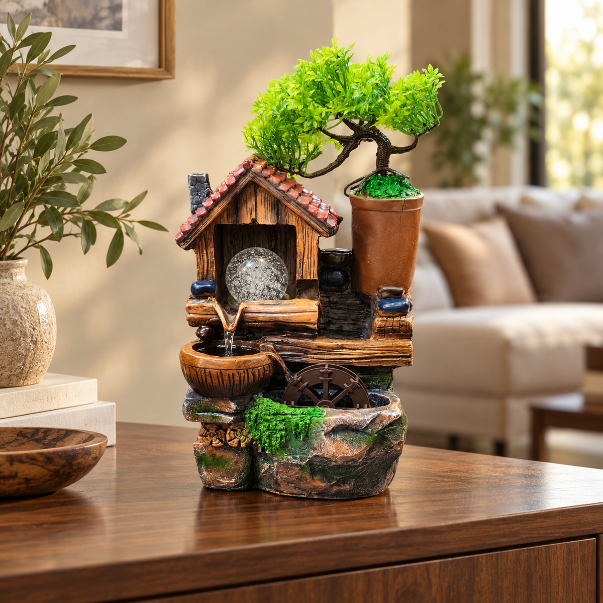 14-Inch Cottage Tabletop Water Fountain with Bonsai Tree