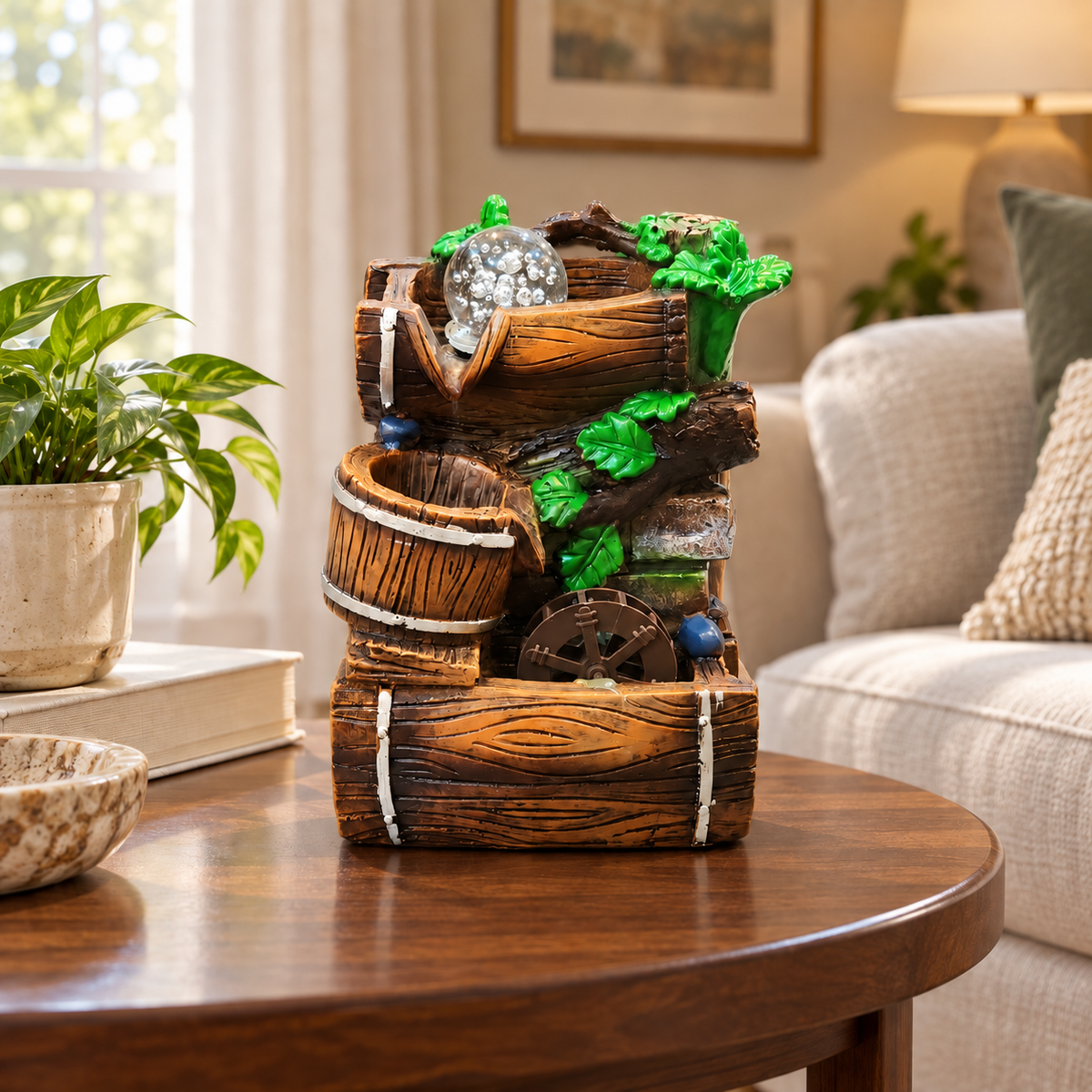 8-Inch Rustic Barrel Tabletop Water Fountain with Waterwheel