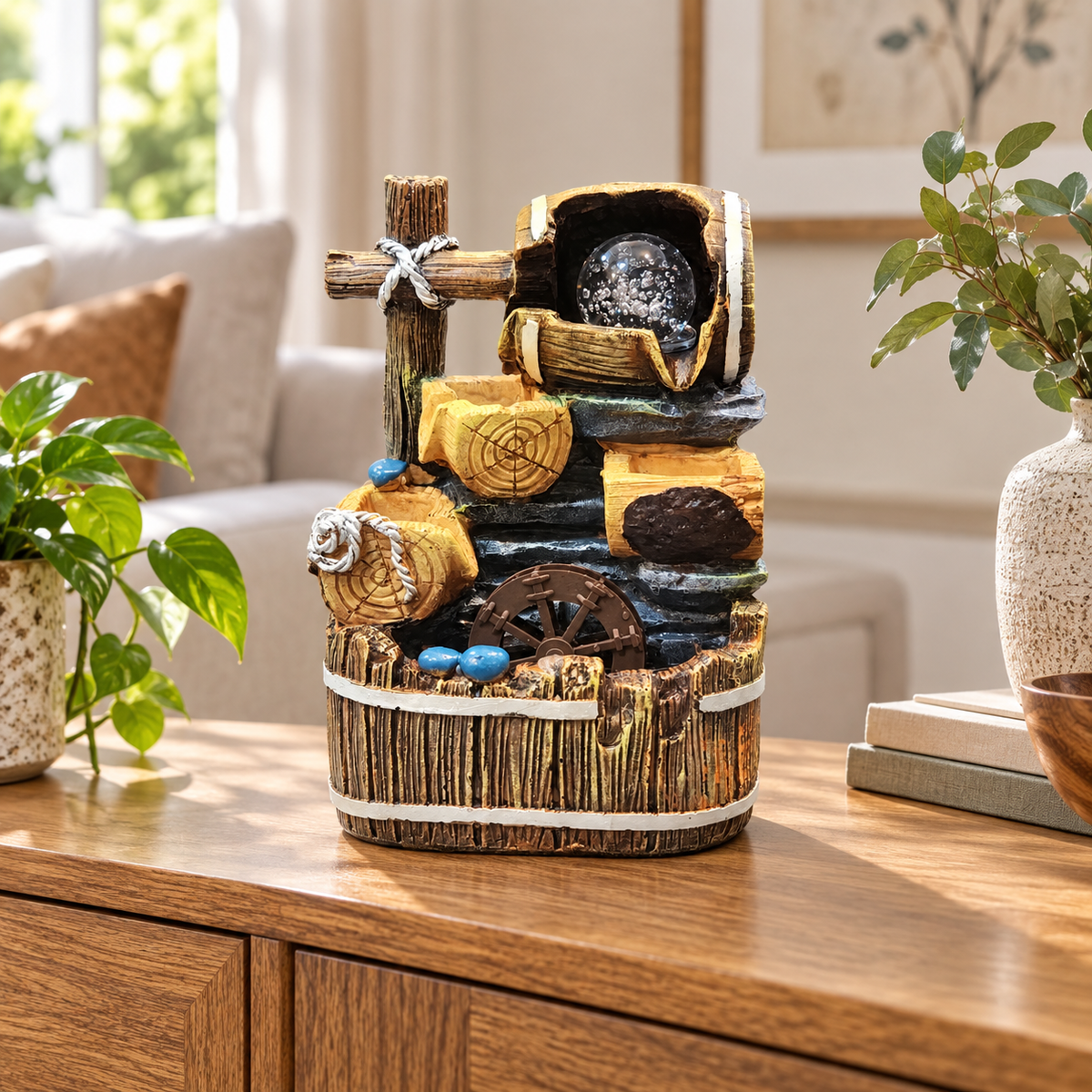 10.5-Inch Rustic Log Tabletop Water Fountain with Water Wheel