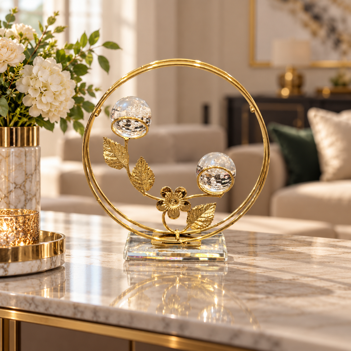 Circular Crystal Ball Floral Tabletop Ornament – Gold