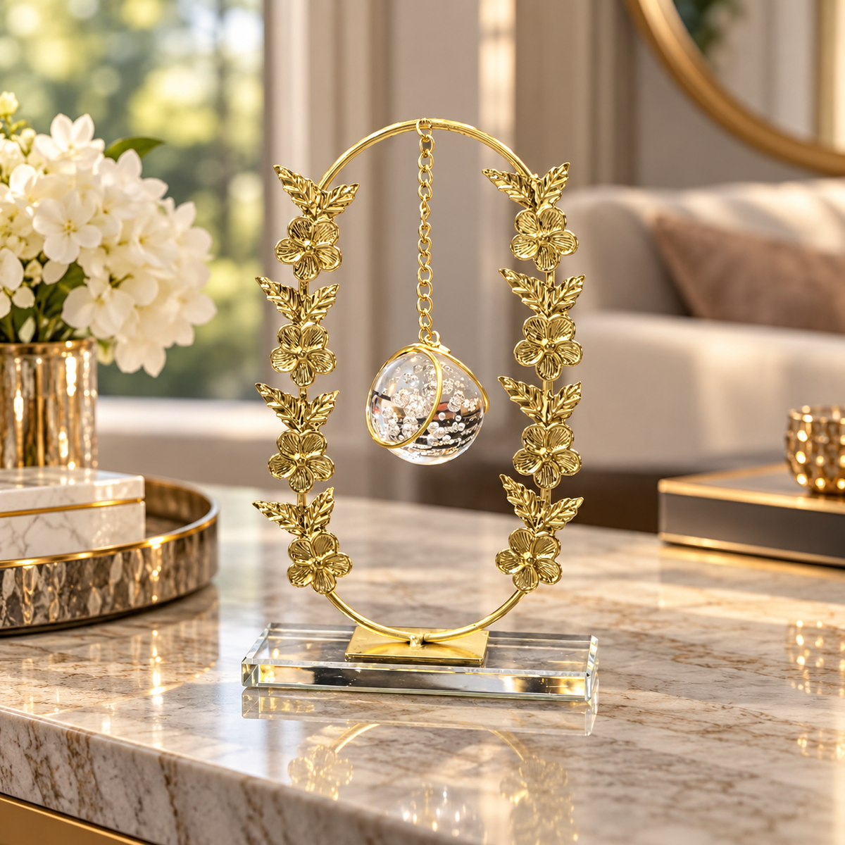 Oval Floral Frame with Hanging Crystal Ball – Gold