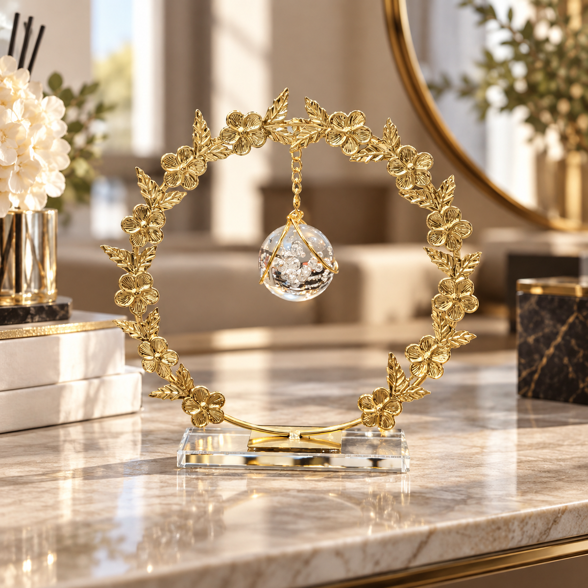 Floral Wreath Frame with Hanging Crystal Ball – Gold