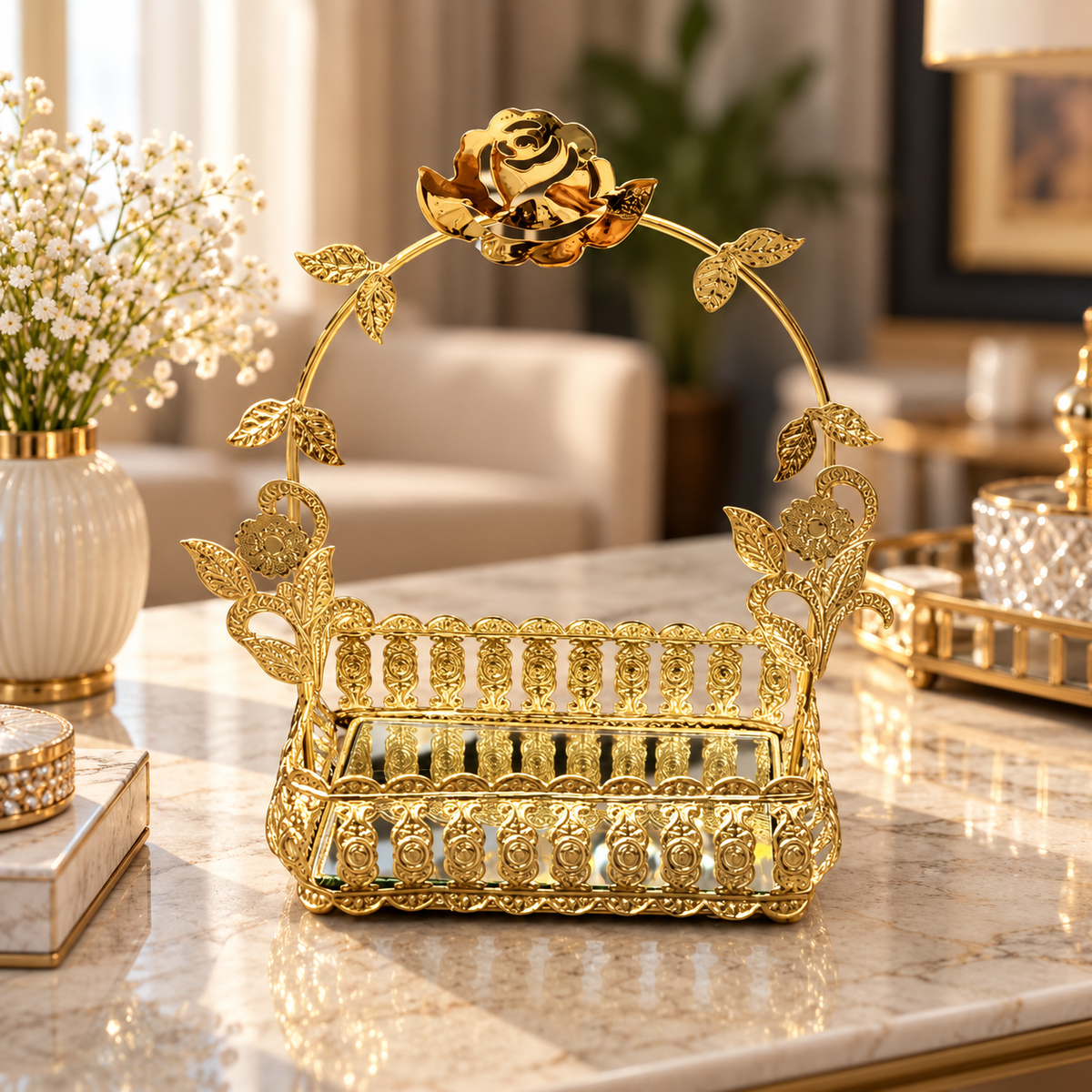 Ornate Rose Decorative Display Basket with Mirrored Base – Gold