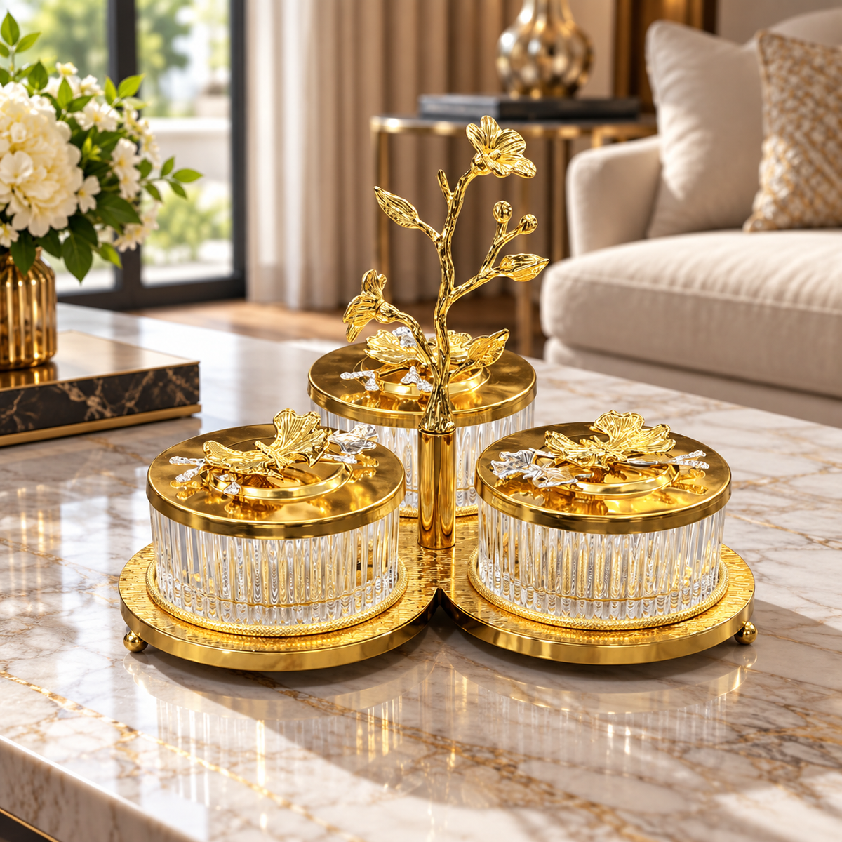 Luxury Gold 3-Piece Crystal Storage Jar Set with Floral Stand
