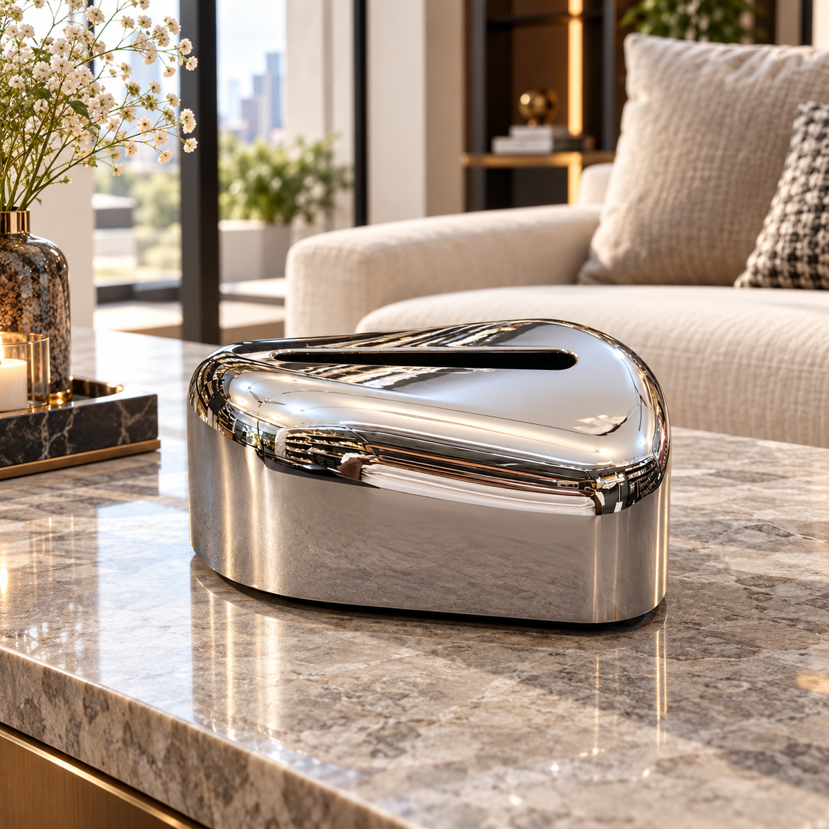 Luxury Chrome Silver Rounded Tissue Box – Modern Table Décor