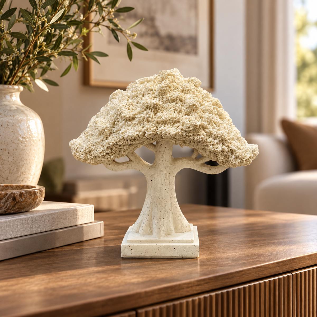 Modern Textured Tree Decorative Sculpture – Cream White