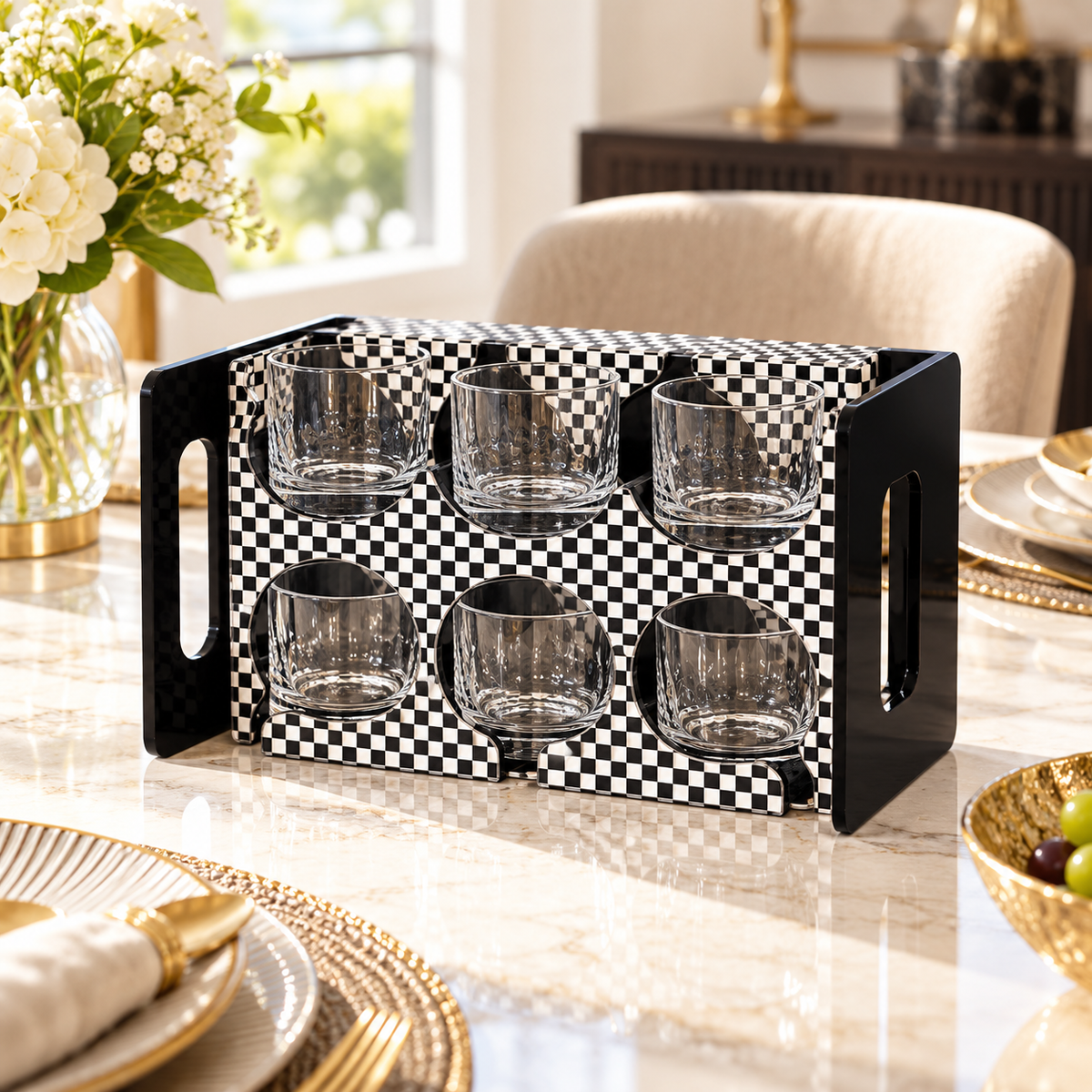 6-Slot Checkerboard Glass & Coaster Caddy