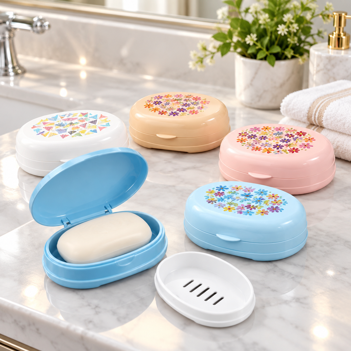 Printed Oval Soap Dish with Lid & Drainage Tray