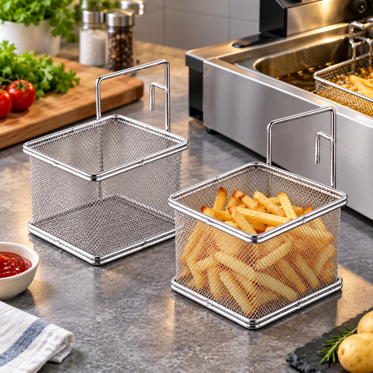 Heavy-Duty Stainless Steel Square Deep Fry Strainer Basket