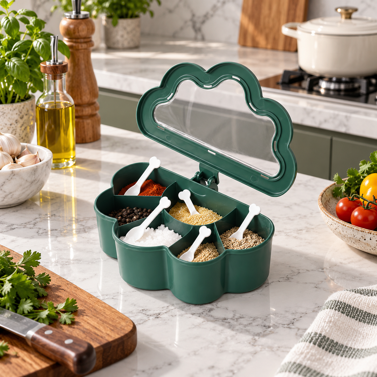 Integrated Multi-Compartment Seasoning & Spice Box with Spoons