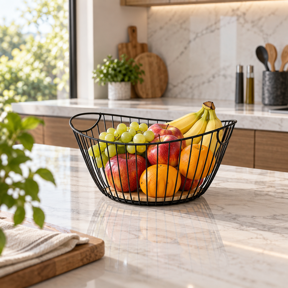 Modern Iron & Wood Countertop Fruit Basket