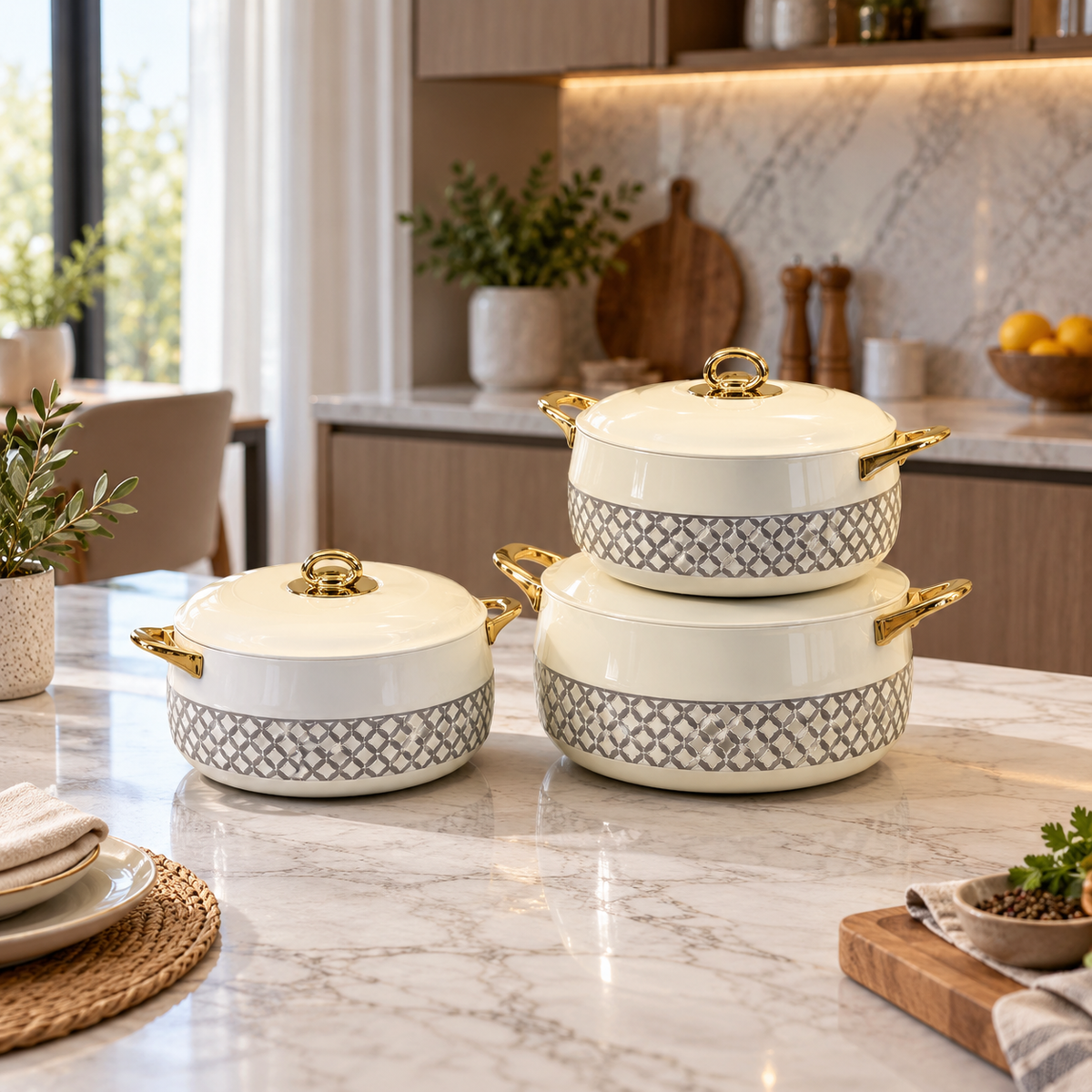 Luxury Ivory & Gold Insulated Hot Pot Set – 3 Pieces