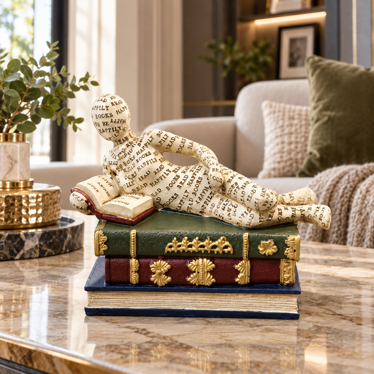 Ivory Reclining Reader on Books Sculpture – Literary Home Décor
