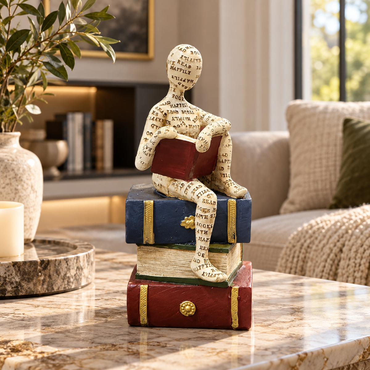 Ivory Seated Reader with Closed Book Sculpture – Book Lover Décor
