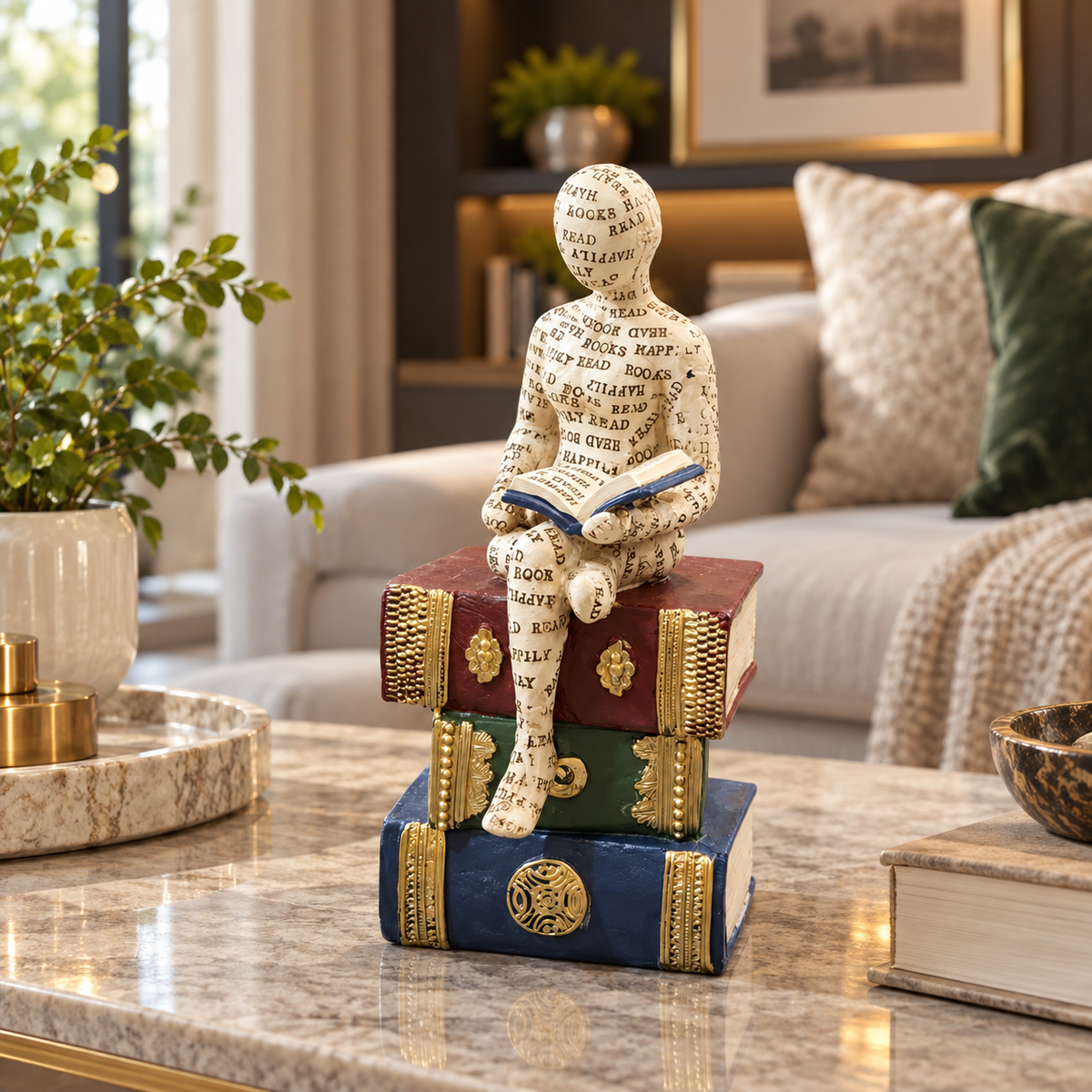 Ivory Seated Reader with Open Book Sculpture – Book Lover Table Décor