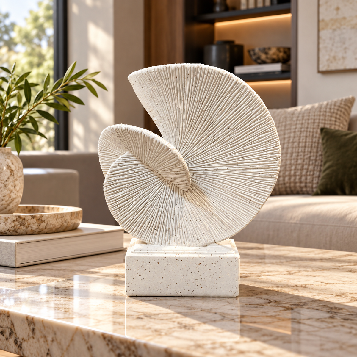 Ivory Textured Spiral Fan Sculpture – Modern Abstract Home Décor